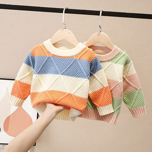男女童毛衣套头线衣儿童洋气，韩版小童宝宝圆领加条加绒加厚针织衫