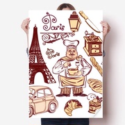 厨师食物法国埃菲尔铁塔插画海报贴纸80x55cm墙贴纸卧室家居装饰