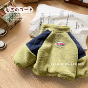 牛油果绿~韩版儿童冬季麦穗，绒拼接加厚外套，洋气宝宝棉服冬装棉袄