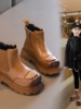 女童冬季短靴2023韩版儿童鞋子，马丁靴加绒中筒靴女宝棕色棉靴