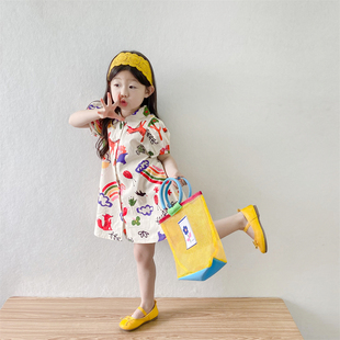 女童可爱卡通印花短袖连衣裙2024夏季韩女孩棉质衬衫裙娃娃裙