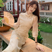 国风改良新中式旗袍气质裙子女2023夏季国潮时尚米白色高腰连衣裙