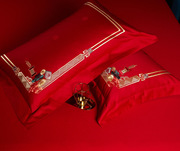 婚房贡缎床单被套大红色结婚床上用品纯棉婚庆四件套全棉刺绣提花