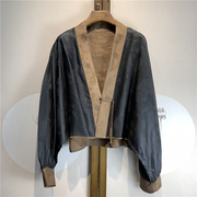 杭州香云纱外披宽松蝙蝠袖100桑蚕丝时尚气质短款衬衫 外套双面穿
