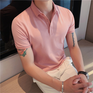 短袖polo衫男潮牌粉色夏季翻领t恤潮流韩版修身带领半袖简约纯色