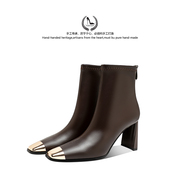 路客森~棕色高跟短靴女秋冬咖啡复古金属拼接方头法式粗跟小踝靴
