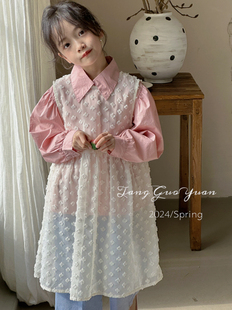 韩版女童装儿童春季洋气，时髦甜美蕾丝连衣裙长袖，衬衫2件套装