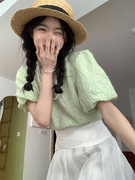 泡泡袖上衣女装设计感小众夏季2024清纯甜美韩系绿色短袖衬衫