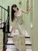vintage复古烂花绡，吊带斜裁连衣裙，春天一抹绿长裙