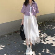 香芋紫短袖短款衬衫上衣配吊带裙白色连衣裙子套装仙女裙夏两件套