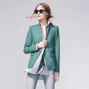 清新浅灰绿麻料西装有型气质修身版大码女装一粒扣简约通勤外套特
