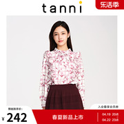 tanni春夏格纹印花蝴蝶结系带荷叶边长袖上衣TI11SH001A