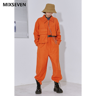 mixseven原创设计连体裤男秋冬口袋，橘色长袖宽松直筒连身裤子