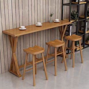 北欧实木家用吧台桌，简约现代休闲奶茶高脚桌长条，窄桌靠墙桌椅组合