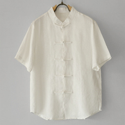 夏季亚麻男士休闲复古中式唐装短袖衬衫中国风薄款纯色水洗衬衣