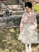韩版童装2024春秋款女童甜美风粉色针织，开衫上衣儿童半身长裙纱裙