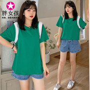 胖女孩加大码女装夏季韩版拼色T恤 胖mm短袖休闲上衣女简约绿