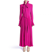 高端欧美裙子玫红色，气质连衣裙女长袖，紫色百褶裙显瘦礼服长裙秋冬