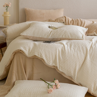 冬季保暖加厚牛奶绒四件套 3D雕花绒被套宝宝绒床单款床笠床品