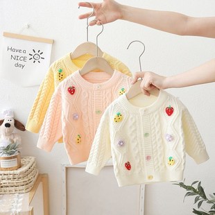 女童毛衣开衫草莓洋气菠萝婴儿童秋装外搭女宝宝针织外套2024