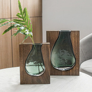 北欧工艺品北欧实木玻璃花瓶绿色家居设计师装饰家居酒店摆件