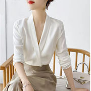 白色衬衫女V领长袖气质通勤西装领职业上衣2024春简约设计感