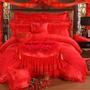 婚庆四件套大红色纯棉，结婚床品六八十件套，全棉蕾丝刺绣花床上用品