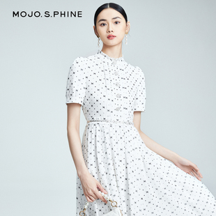 mojo浪漫简约优雅气质连衣裙，2024年春夏波点印花收腰休闲长裙