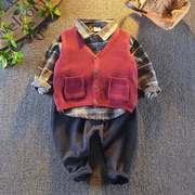 男宝宝秋装套装1-2岁男童，长袖格子衬衣4毛线马甲5婴幼儿三件套潮
