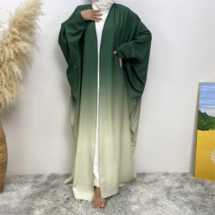 中东迪拜女装时尚阿拉伯蝙蝠袖开衫宽松渐变色印尼旅游长袍 dress
