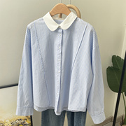 韩国设计感拼色娃娃领衬衫，女式长袖细条纹，纯棉衬衣复古学院风上衣