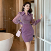 设计感扭结polo领衬衫连衣裙女法式毛绒亮片泡泡袖紫色短裙子