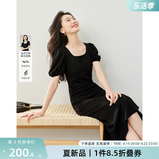 梵希蔓泡泡袖黑色连衣裙，女2024年夏季法式拼接方领赫本风裙子