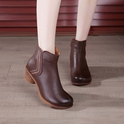 1938彩线短靴中跟软底真皮靴子妈妈，鞋复古民族风，原创手工鞋马丁靴