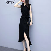 qiyun品牌女装黑色雪纺连衣裙，夏装气质名媛无袖收腰显瘦流行