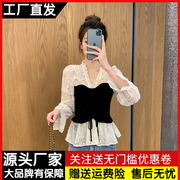 抽绳针织拼接蕾丝，衫女夏季2022修身网纱温柔甜美长袖v领上衣