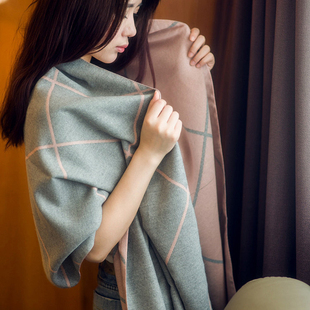 围巾女秋冬季韩版双面格子空调，披肩两用百搭保暖加厚围脖披风