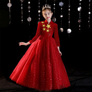 女童礼服中国风儿童，主持人钢琴演出服红色公主，裙中小学生合唱服装