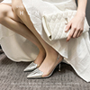时尚褶皱包头透明凉鞋，女银色高跟鞋，法式仙女风细跟小码单鞋女