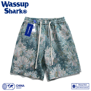 Wassup Shark美式刺绣花卉短裤男夏季潮牌ins薄款休闲宽松五分裤