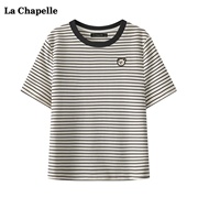 拉夏贝尔/La Chapelle条纹小熊刺绣T恤女夏简约圆领短袖上衣