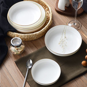 白色金边骨瓷盘子家用菜盘子圆形深盘子汤盘8寸凉菜盘饭盘陶瓷盘