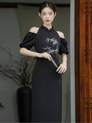 中国风设计感露肩旗袍裙新中式禅意裙复古收腰气质黑色包臀连衣裙