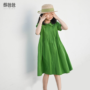 蔡爸爸童装第316个童话夏装文艺女童裙子绿色百褶大童连衣裙