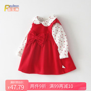 小女童宝宝春装红色背带连衣裙两件套装洋气公主婴儿春季衣服1岁3