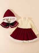 圣诞节宝宝服装儿童女童冬天红色可爱加绒加厚公主，连衣裙斗篷套装