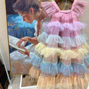 韩版女童夏装层层蛋糕纱裙，2023夏季女宝飞袖吊带，彩虹连衣裙子