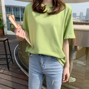 纯色纯绿色t恤女短袖棉质，宽松港风简约夏季半袖打底衫内搭t桖大码