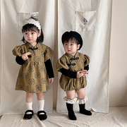 中式婴幼儿姐妹装连衣裙，长袖爬服假两件包屁衣洋气宝宝公主外出服