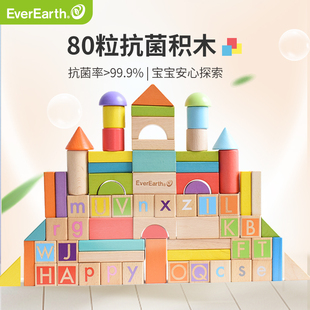 EverEarth木质积木拼搭儿童玩具抗菌大颗粒英文字母宝宝益智80粒